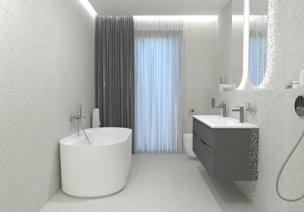 Minimalistinio vonios kambario dizaino vizualizacija
