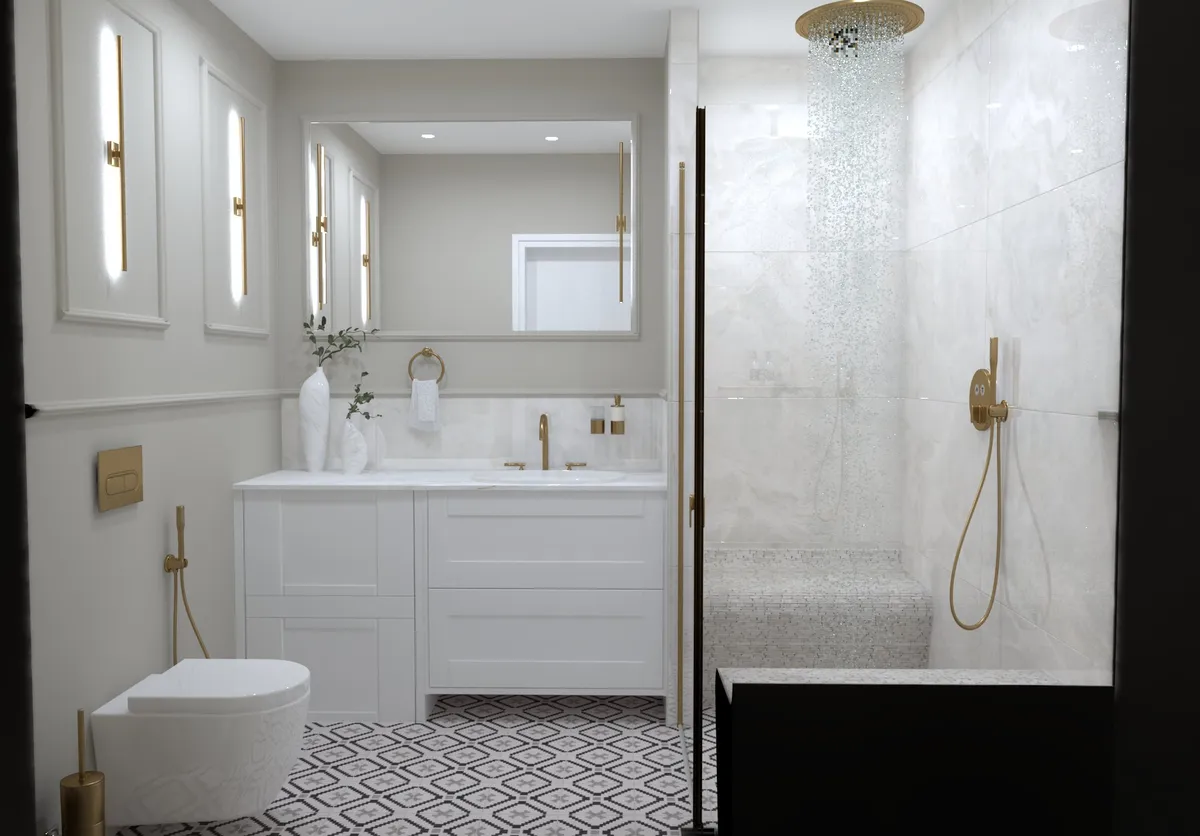 Šviesaus interjero vonios kambario projektas