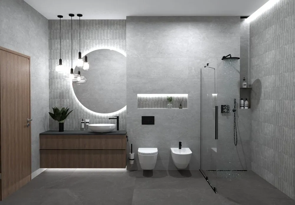 Natūralių spalvų vonios kambario dizainas