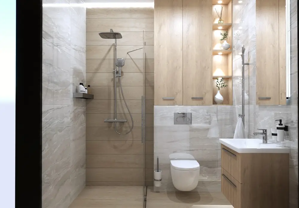 Šiuolaikinės vonios kambario plytelių kompozicijos vizualizacija