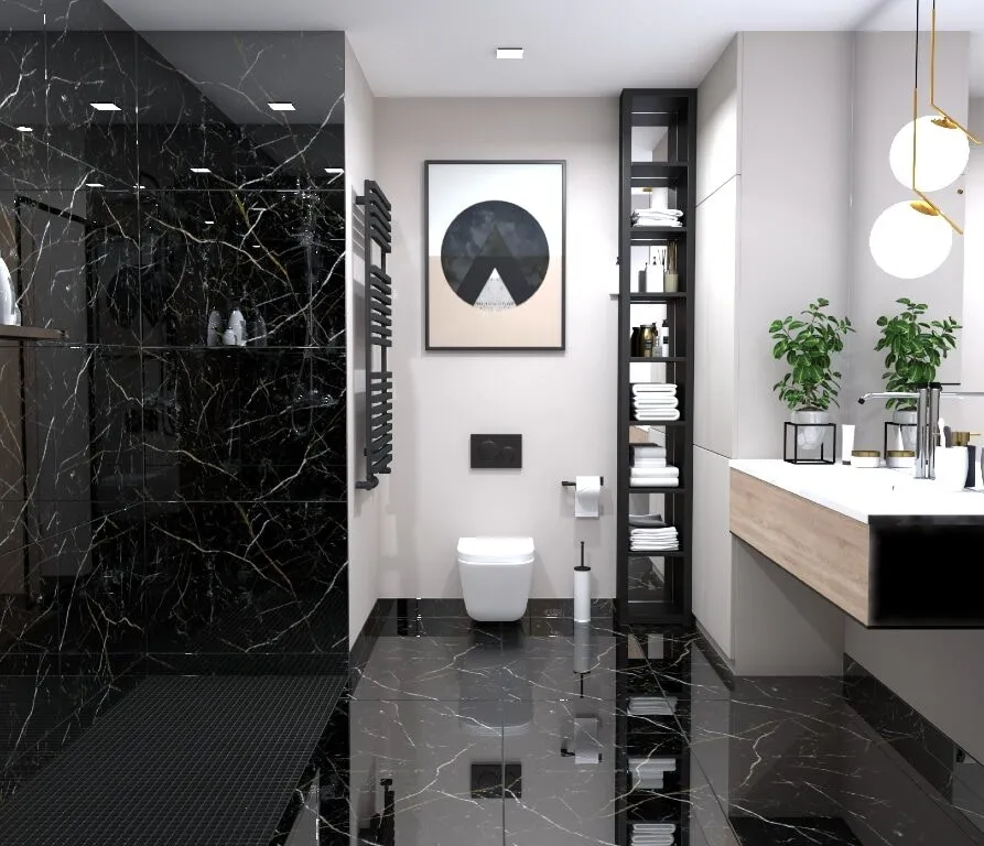 Tamsių plytelių vonios kambario projektas